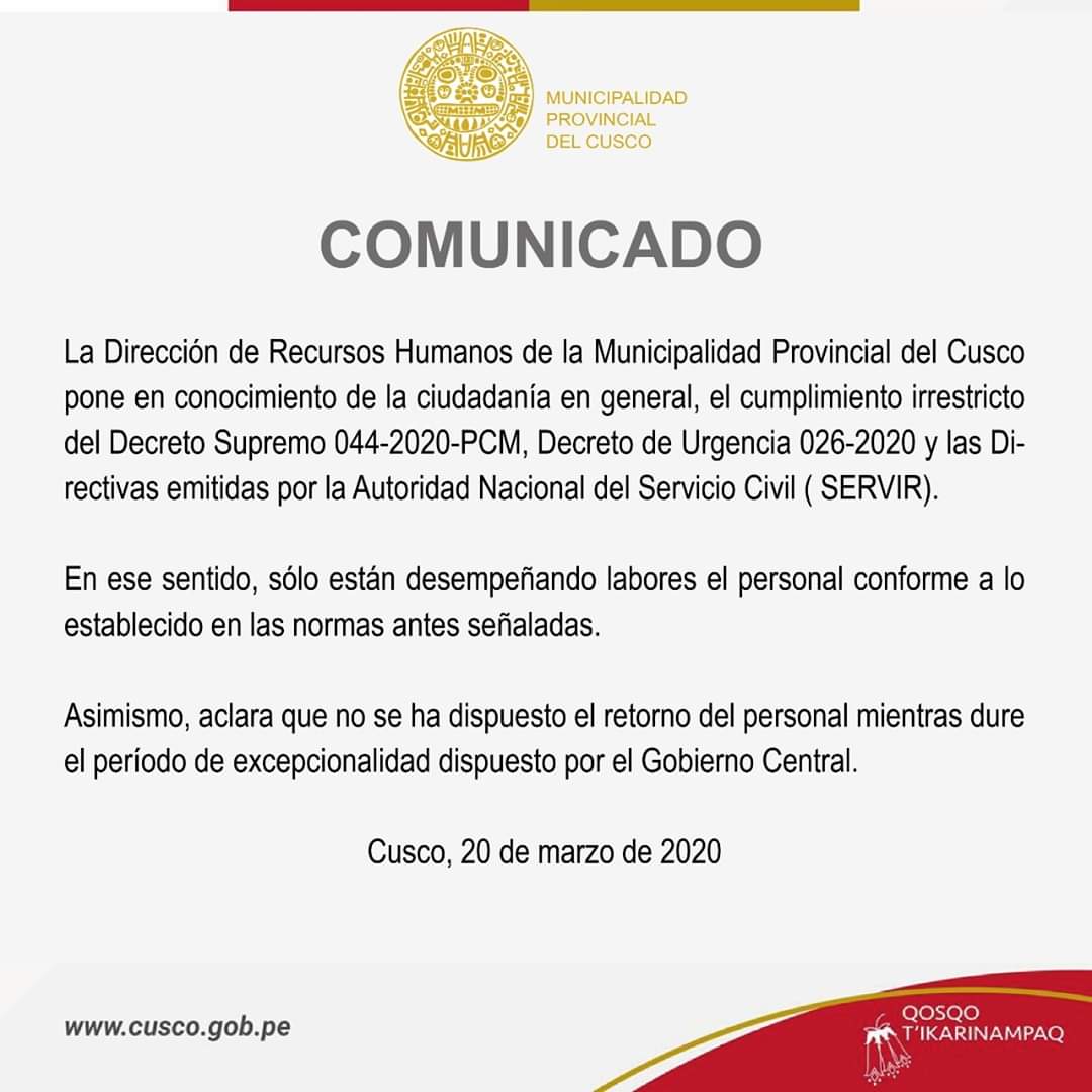 La Dirección de Recursos Humanos de la Municipalidad Provincial de Cusco pone en conocimiento…